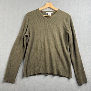Marconi Mens Medium 100% Cashmere Ribbed V-Neck Sweater Olive Green Brown Knit